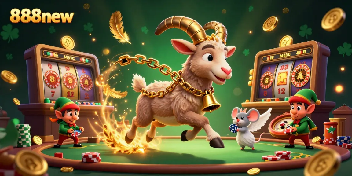 Win big at 888new in a lively casino setting featuring Krampus, an angel mouse, and elf gremlins.