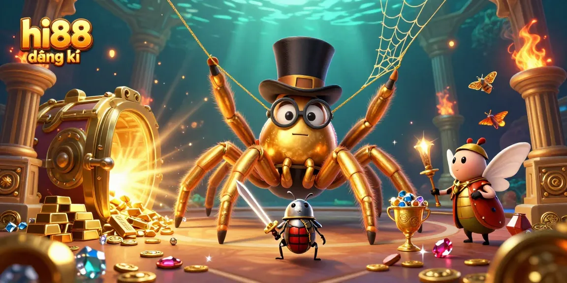 Engage with hi88 đăng ký to discover a dynamic 3D scene of a giant spider weaving gold amidst casino treasures.
