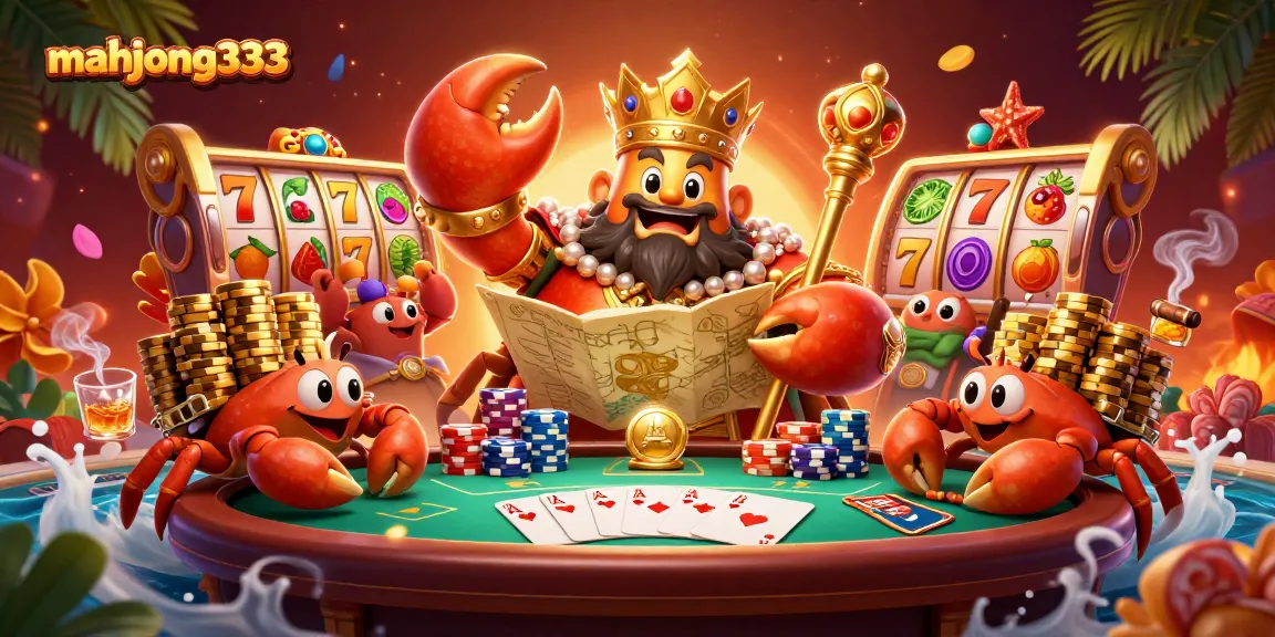 Experience thrilling gameplay at mahjong333, featuring a vibrant casino scene with slot machines and a golden crab emperor.