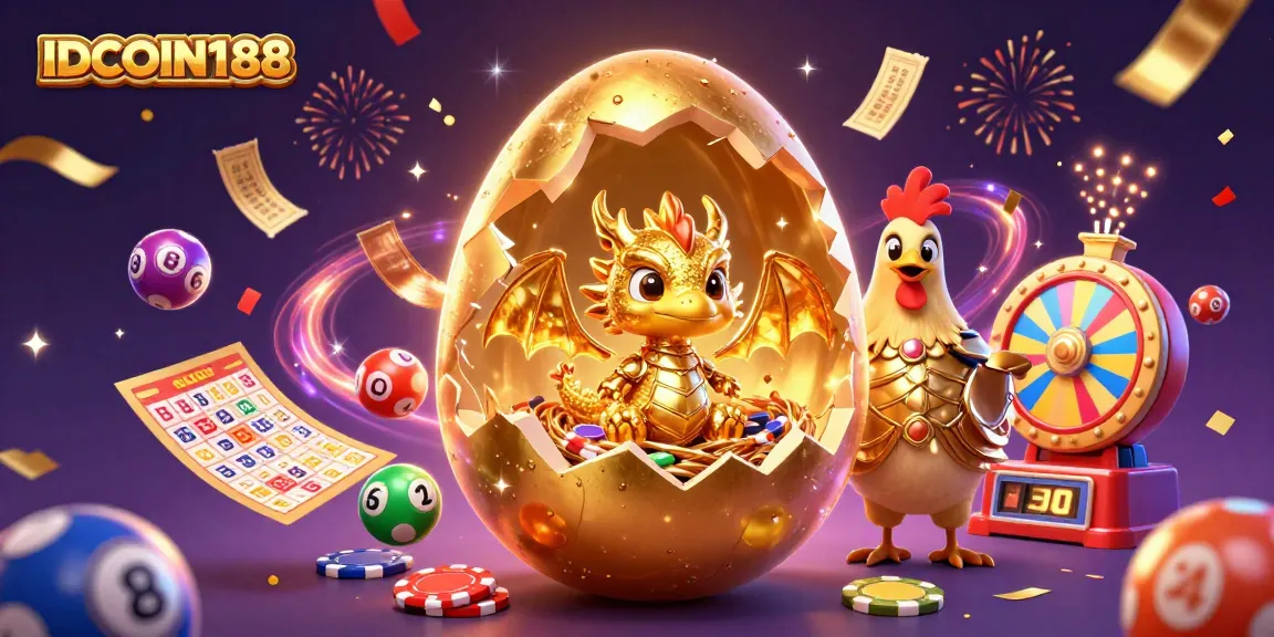 IDCOIN188 showcases a vibrant golden dragon amidst poker chips and dynamic lottery elements.