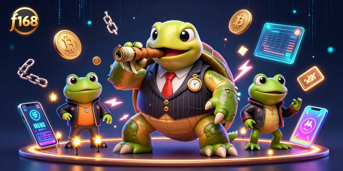 Engage in thrilling games at f168, featuring a massive turtle and bullfrogs amidst dynamic casino elements.