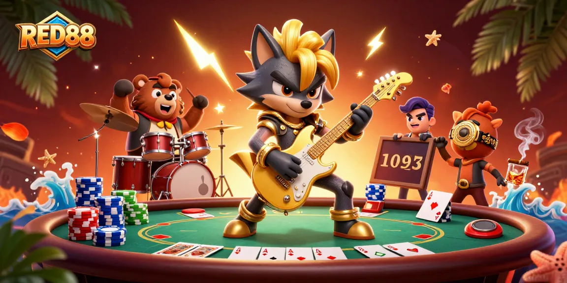 Experience the vibrant energy of RED88 with a rock star wolf and drummer bear in a casino scene.