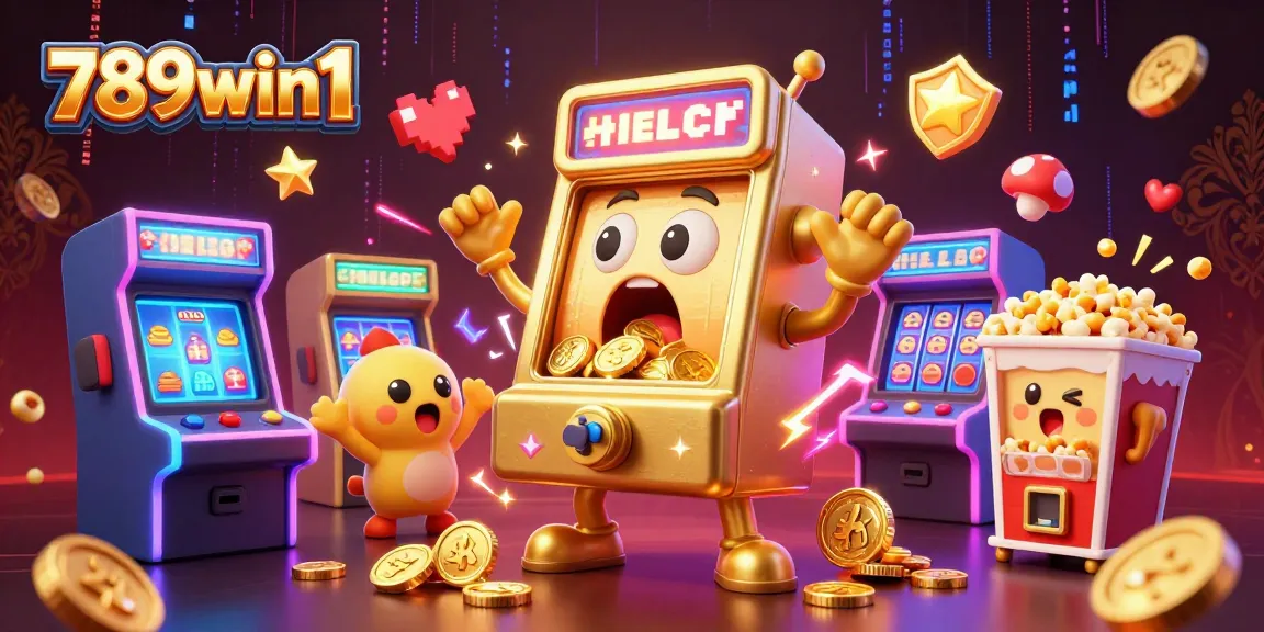 Engage with 789win1's thrilling slot adventure featuring a golden slot machine hitting a jackpot amid vibrant game elements.