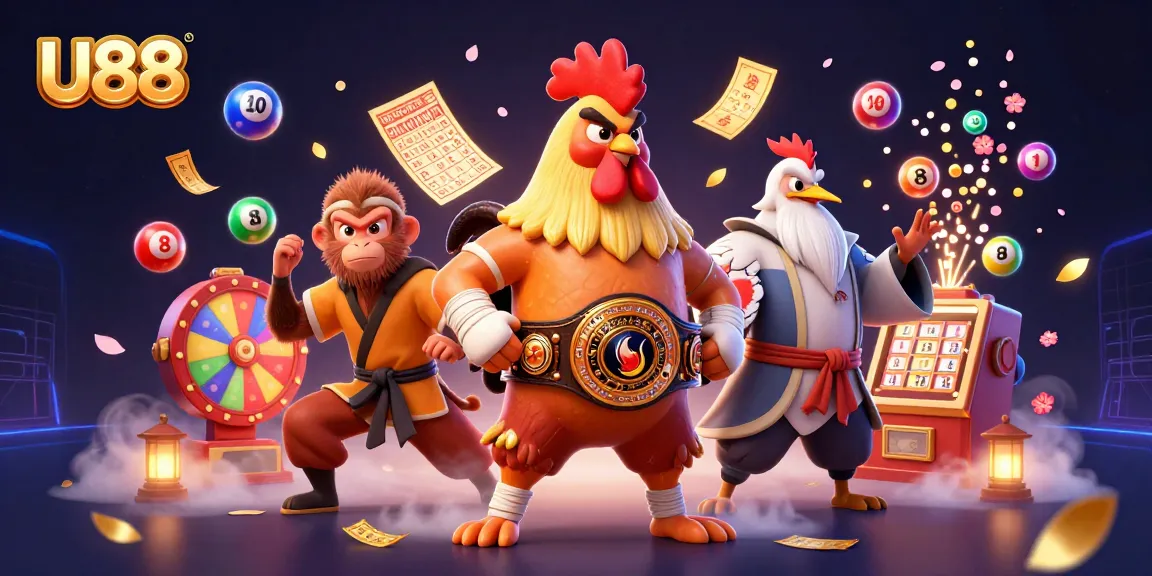 U88 players winning big with a vibrant scene filled with dynamic lottery elements and energetic characters