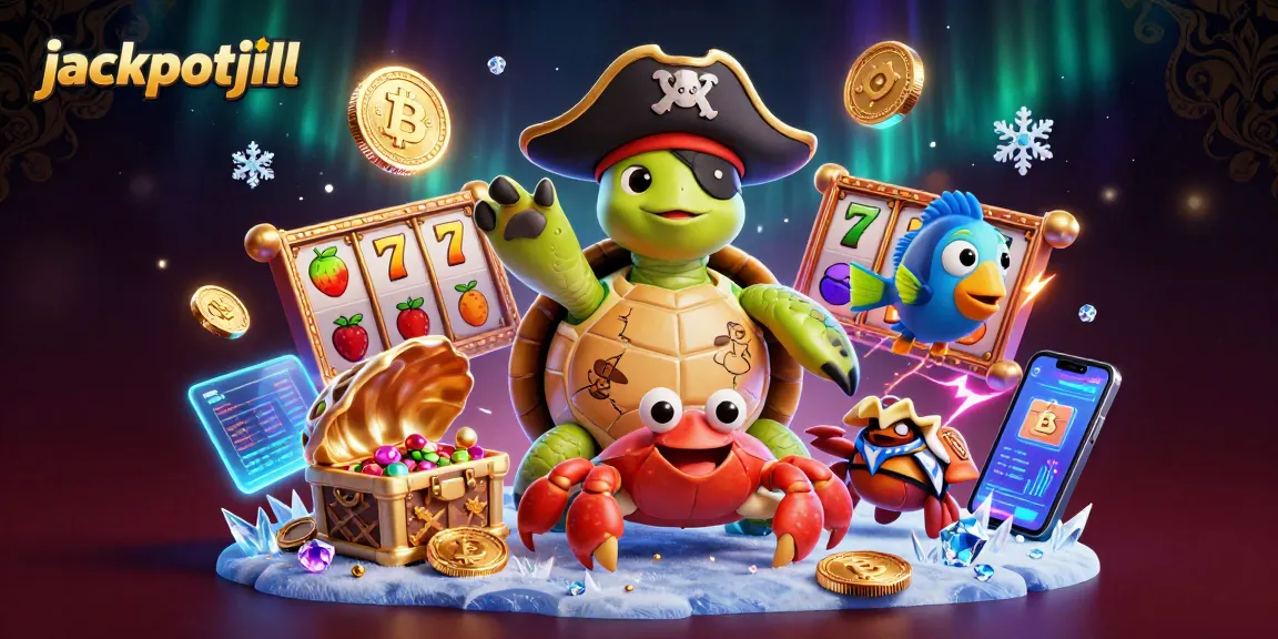 Join jackpotjill for thrilling slots excitement, featuring a pirate turtle and treasure symbols.