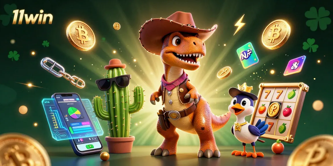 Experience the thrill of 11win with a vibrant casino scene featuring a cowboy dinosaur, crypto coins, and slot symbols.