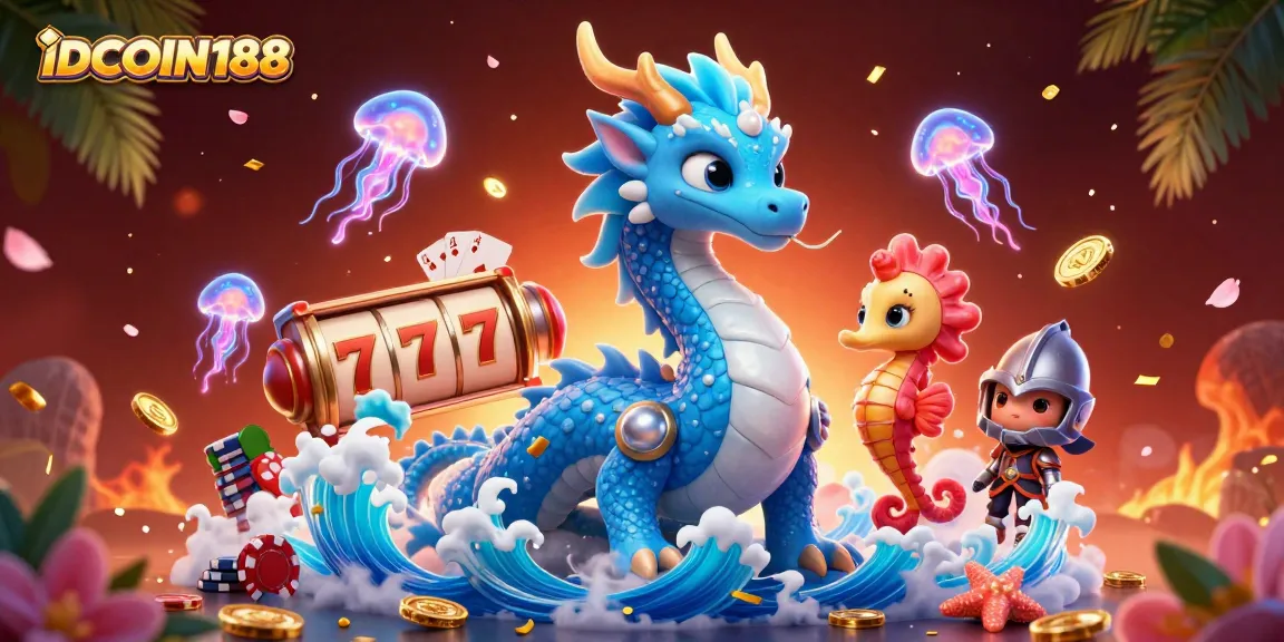 IDCOIN188 engages players with an exciting casino scene featuring a dragon and vibrant game elements.