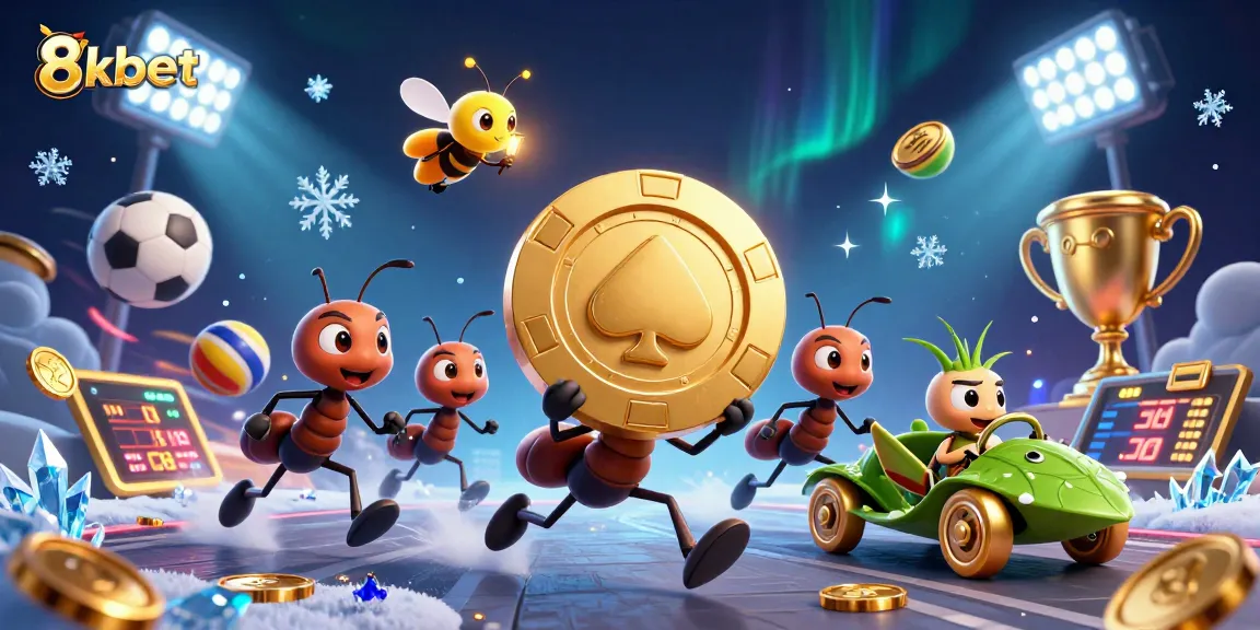 Engaging 8xbet cartoon scene featuring animated ants heisting a giant poker chip amidst all-action sports elements, evoking casino thrills.