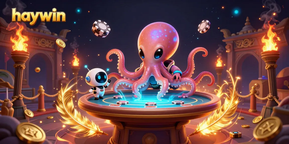 Join the fun with haywin as an alien octopus plays poker amidst cosmic action and vibrant casino elements.