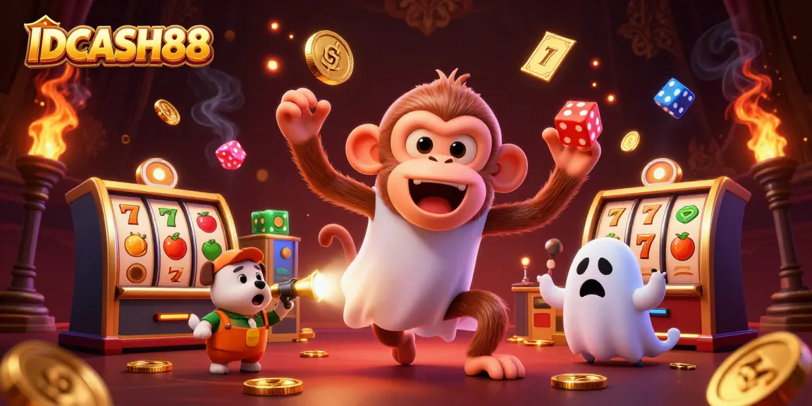 Experience IDCASH88's vibrant casino adventure with a ghostly monkey juggling golden treasures.