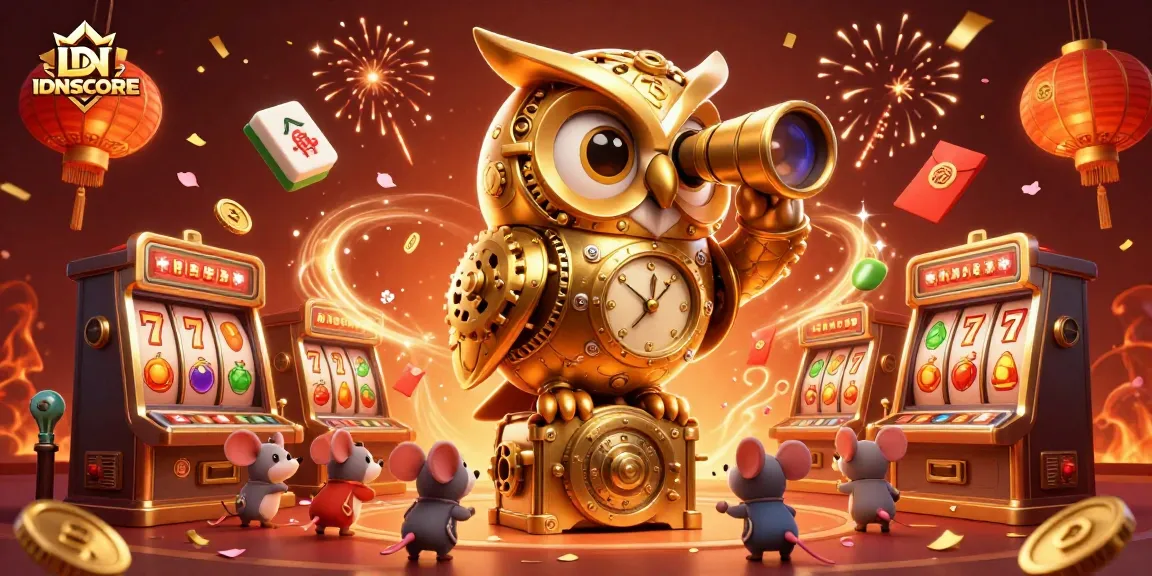 Experience the thrill of IDNSCORE with vibrant 3D casino elements featuring a golden owl scanning for jackpots.