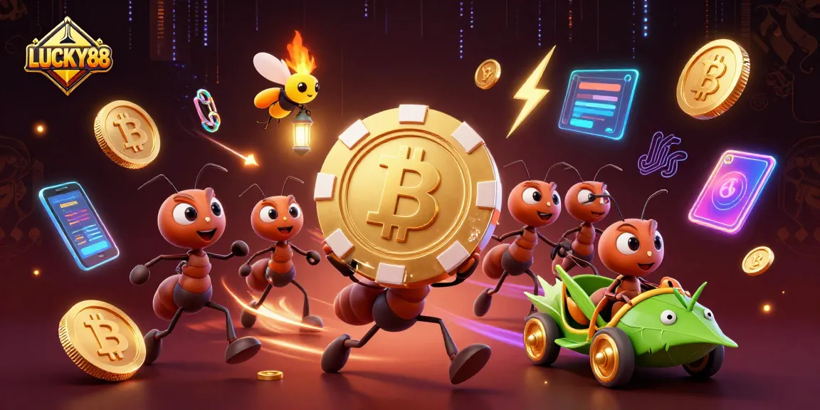 Experience LUCKY88's thrilling heist scene with ants stealing a golden poker chip amid neon lights and crypto elements.