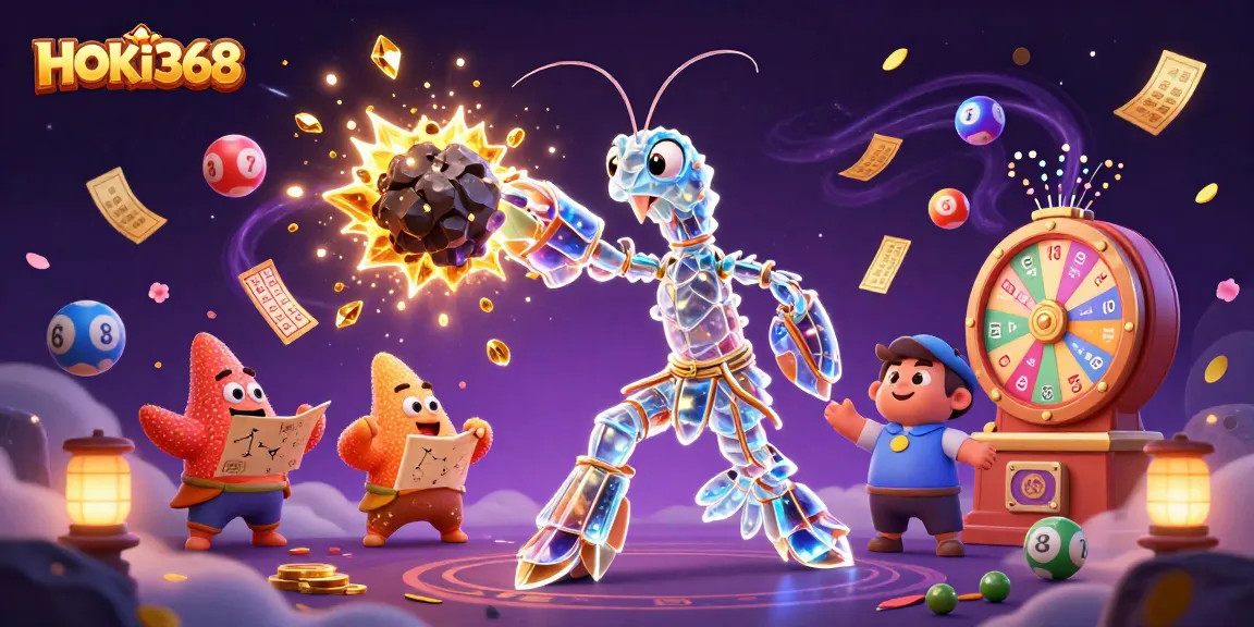 Engage with HOKI368's vibrant casino world featuring animated characters amidst exciting lottery action.