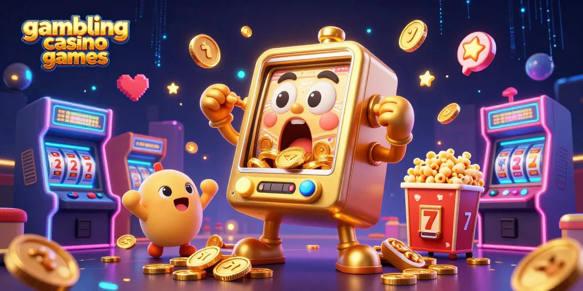 Exciting scene of gambling casino games with a golden slot machine celebrating a jackpot amidst colorful arcade elements.