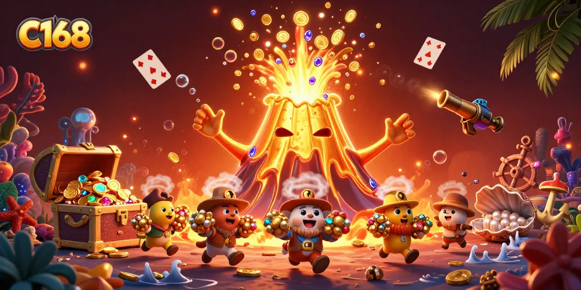 Experience the thrill of C168 with a golden volcano erupting coins and treasures in a vibrant casino world.