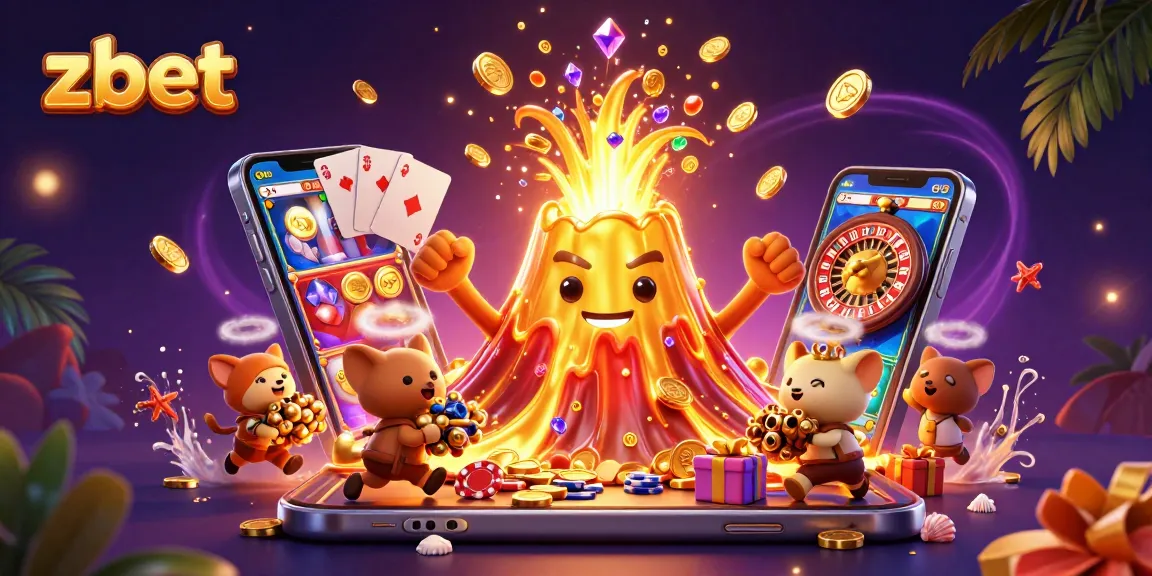 Zbet's dynamic casino scene showcases a golden volcano erupting coins, enhancing online gaming excitement.