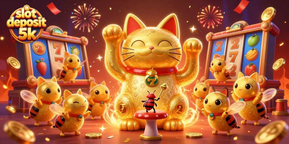 Experience the excitement of slot deposit 5k with a vibrant lucky cat and casino symbols in a festive atmosphere.