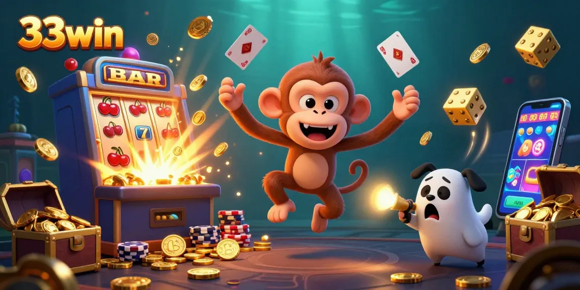 Experience the excitement of 33win with golden coins and jackpots in a vibrant casino scene.