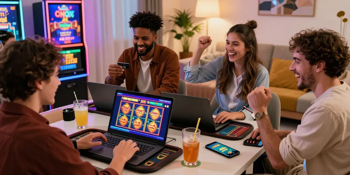 Exciting moment at credit card casinos, friends winning together while interacting with colorful online games in a cozy home environment.