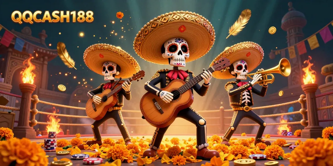 Engage with QQCASH188's vibrant mariachi band illustration celebrating gaming and culture.