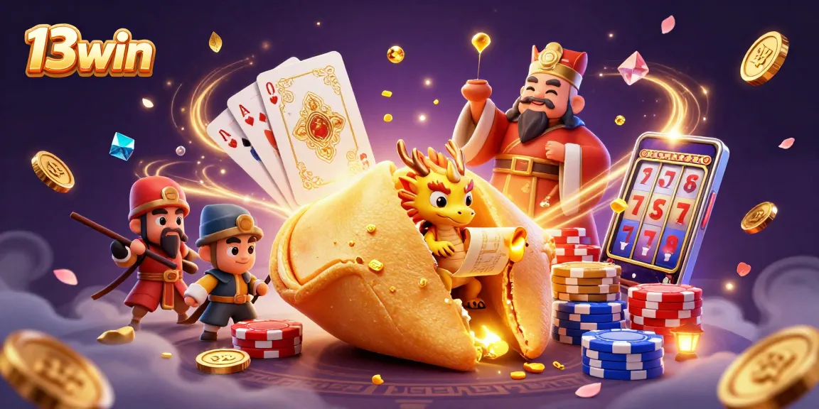 Experience 13win with a golden fortune cookie and dragon amidst casino elements.