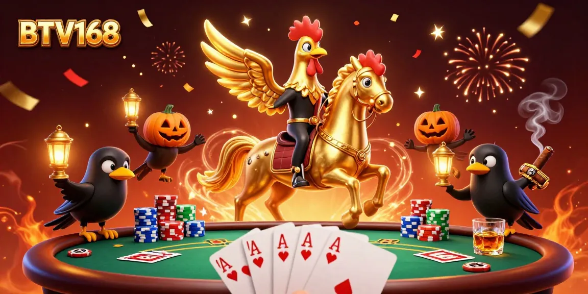 Experience the excitement of BTV168 with a golden rooster and poker elements in a lively casino scene.