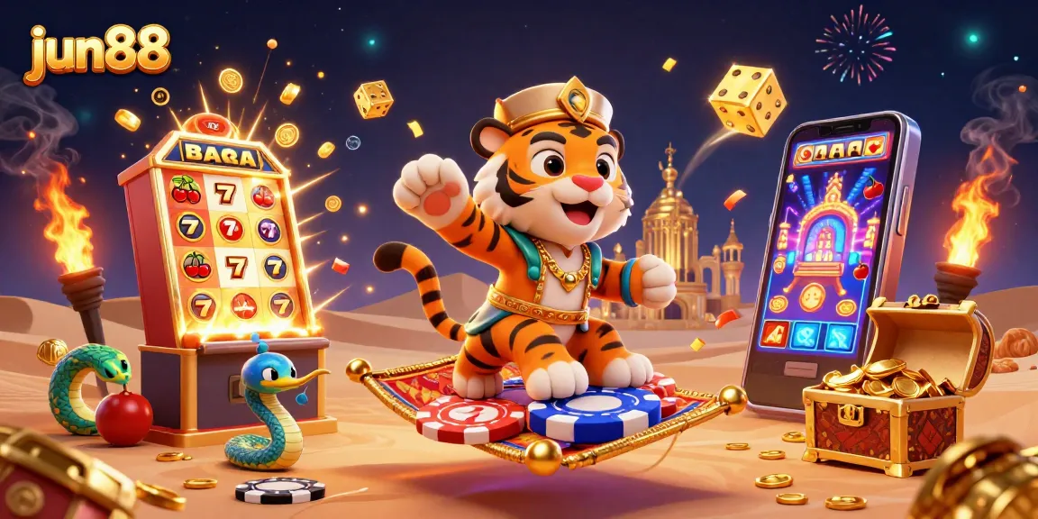 Experience thrilling jackpots with jun88 in this ultra-detailed 3D illustration showcasing a vibrant casino atmosphere.
