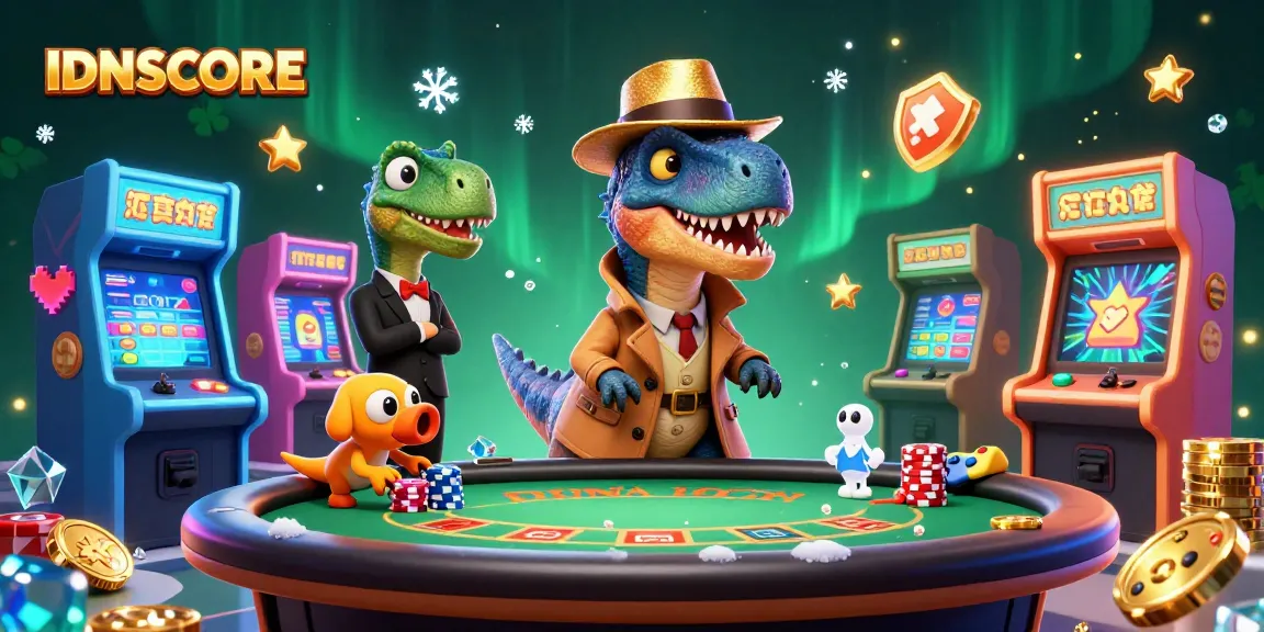IDNSCORE combines fun and strategy as players engage with animated dinosaurs in a vibrant casino scene.