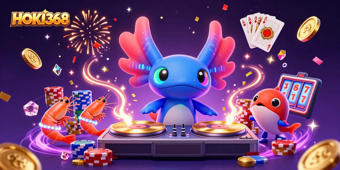 Experience thrilling fun at HOKI368 with a vibrant 3D casino celebration featuring dynamic characters and sparkling game elements.