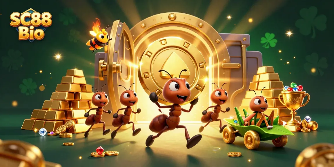 Join the fun at SC88 Bio with a heist-themed cartoon illustration featuring ants and a grasshopper getaway driver.