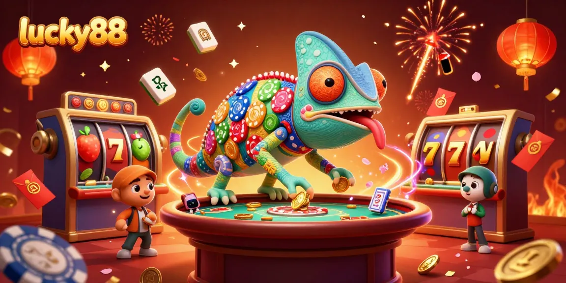 Experience the excitement of lucky88 with a vibrant casino scene involving a chameleon casino owner.