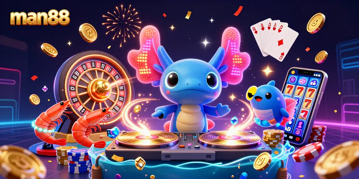 Join the fun at man88 with a vibrant 3D casino scene featuring a neon axolotl DJ and lively underwater characters.