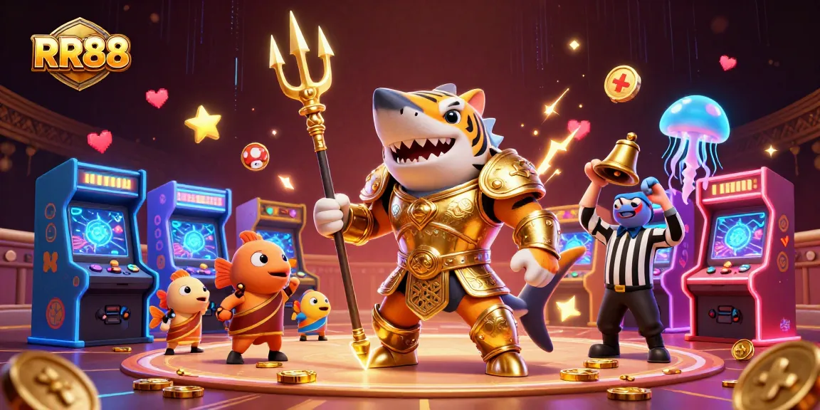 Win big with RR88 at this vibrant underwater casino scene featuring a golden shark gladiator!
