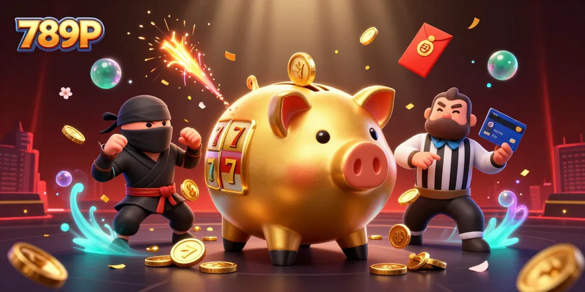 Experience thrilling slots at 789P with a dynamic casino scene featuring golden piggy bank characters.