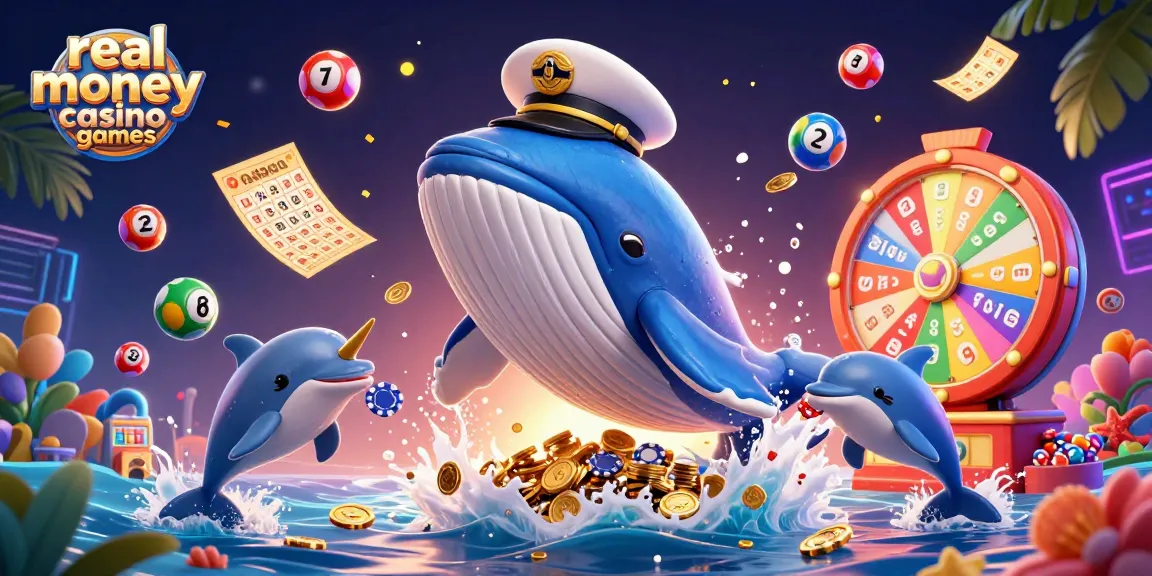 Experience real money casino games with thrilling visuals of a playful cartoon whale and friends in an ocean of gold.