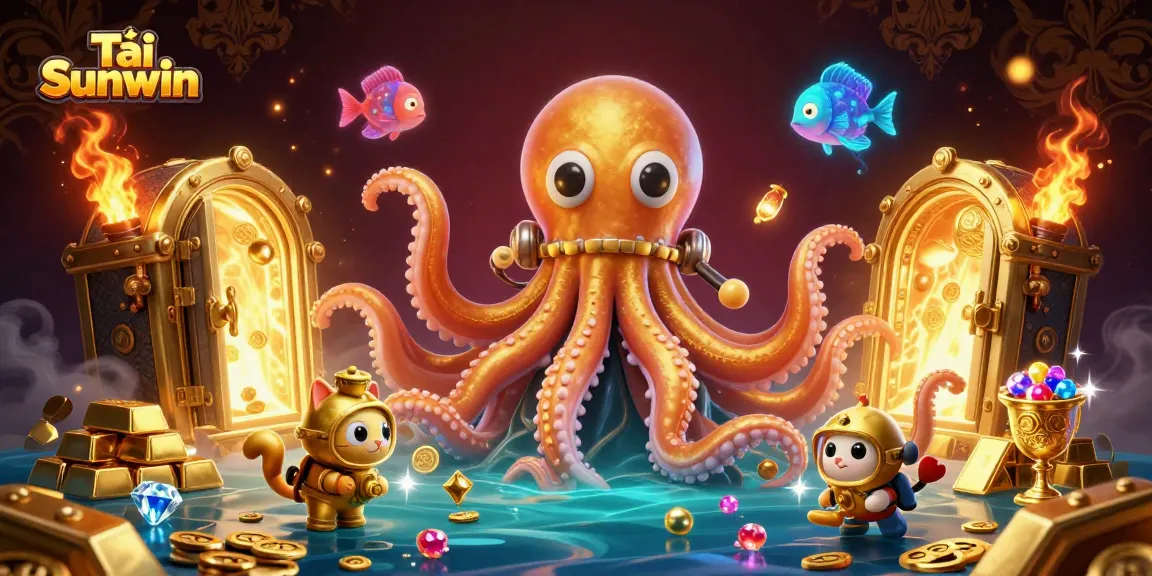 Tải Sunwin offers thrilling gameplay with a kraken and diving cat in a treasure-filled casino scene.