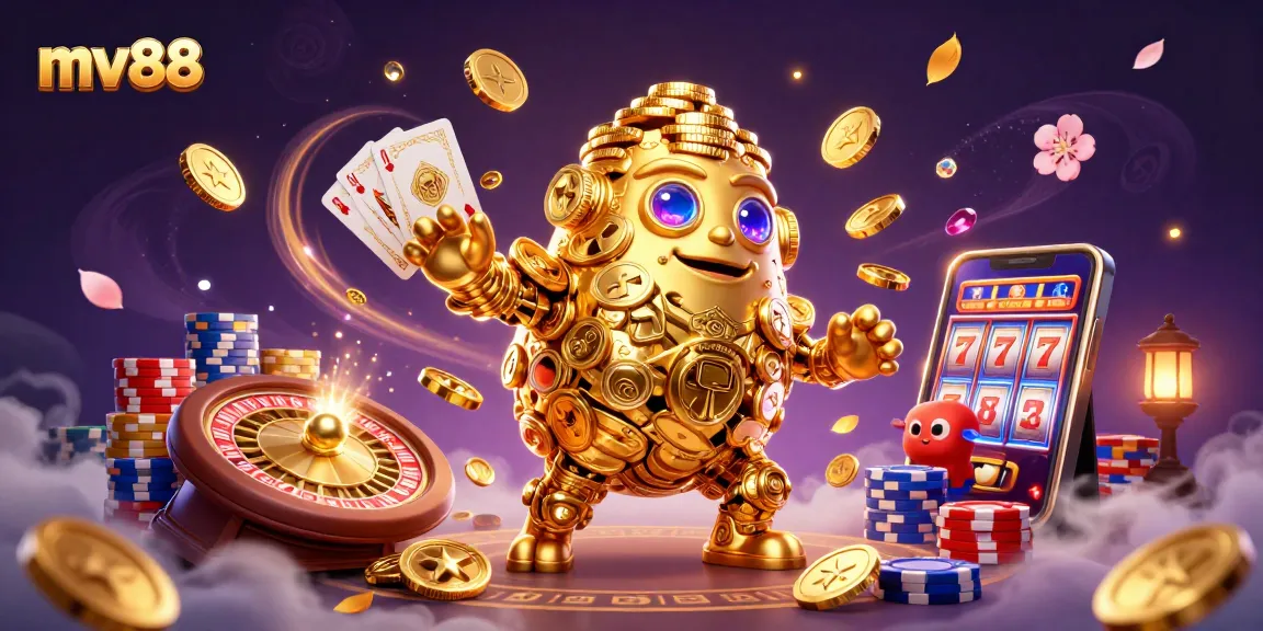 Win big with mv88 – explore dynamic gambling scenes featuring a golden coin golem.