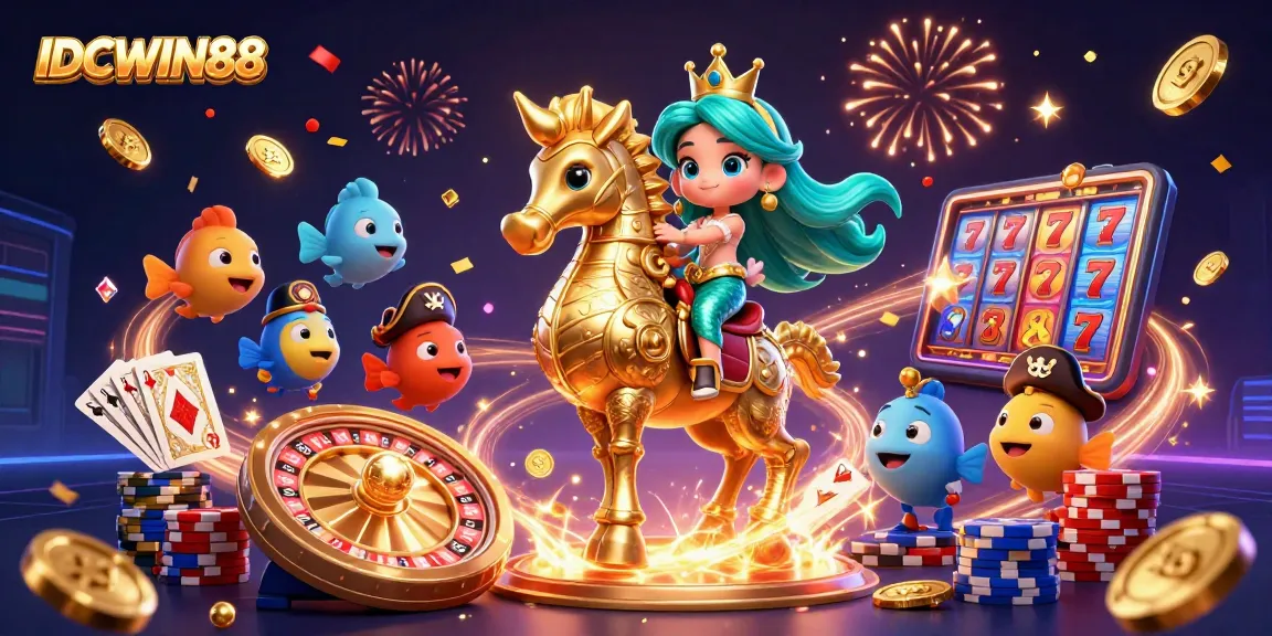 IDCWIN88 celebrates big wins in a vibrant casino scene with a mermaid and treasure.